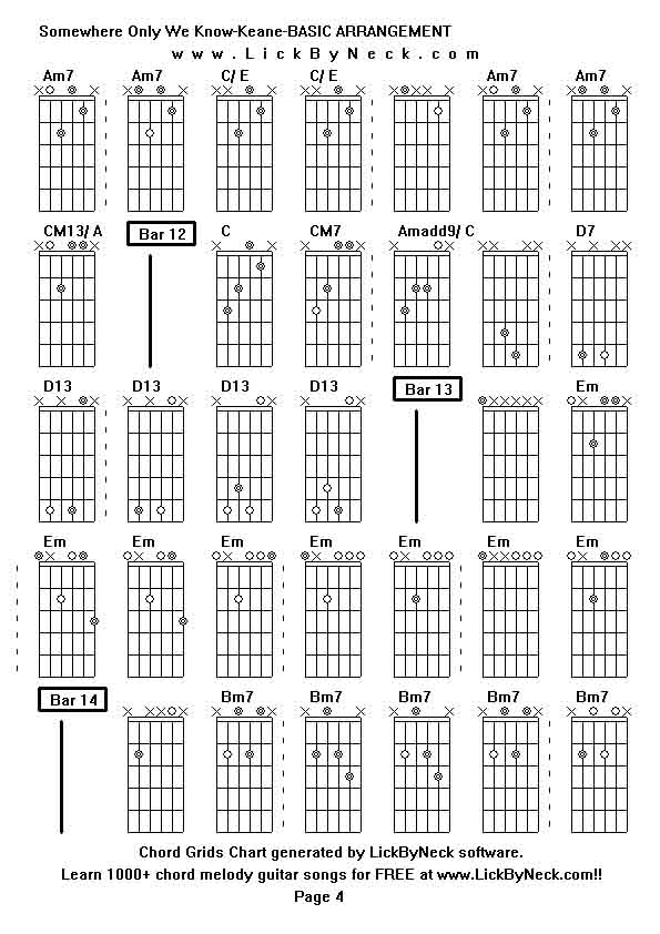 Chord Grids Chart of chord melody fingerstyle guitar song-Somewhere Only We Know-Keane-BASIC ARRANGEMENT,generated by LickByNeck software.